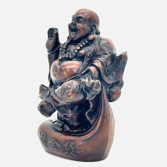 Laughing Buddha Figurine 6" Carved Solid Wood Dark Stain Chinese Script 1.5 lbs - Picture 2 of 14